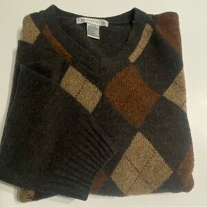 Geoffrey Beene Men's 100% Lambswool Sweater XL Argyle Design Gray Brown Tan